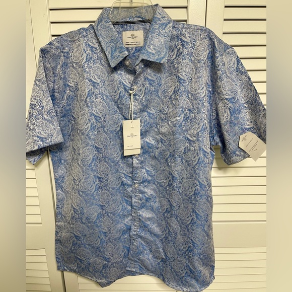 CRAFT + FLOW Men's Short Sleeve Shirt, Paisley Blue Print, size XL - Picture 2 of 4